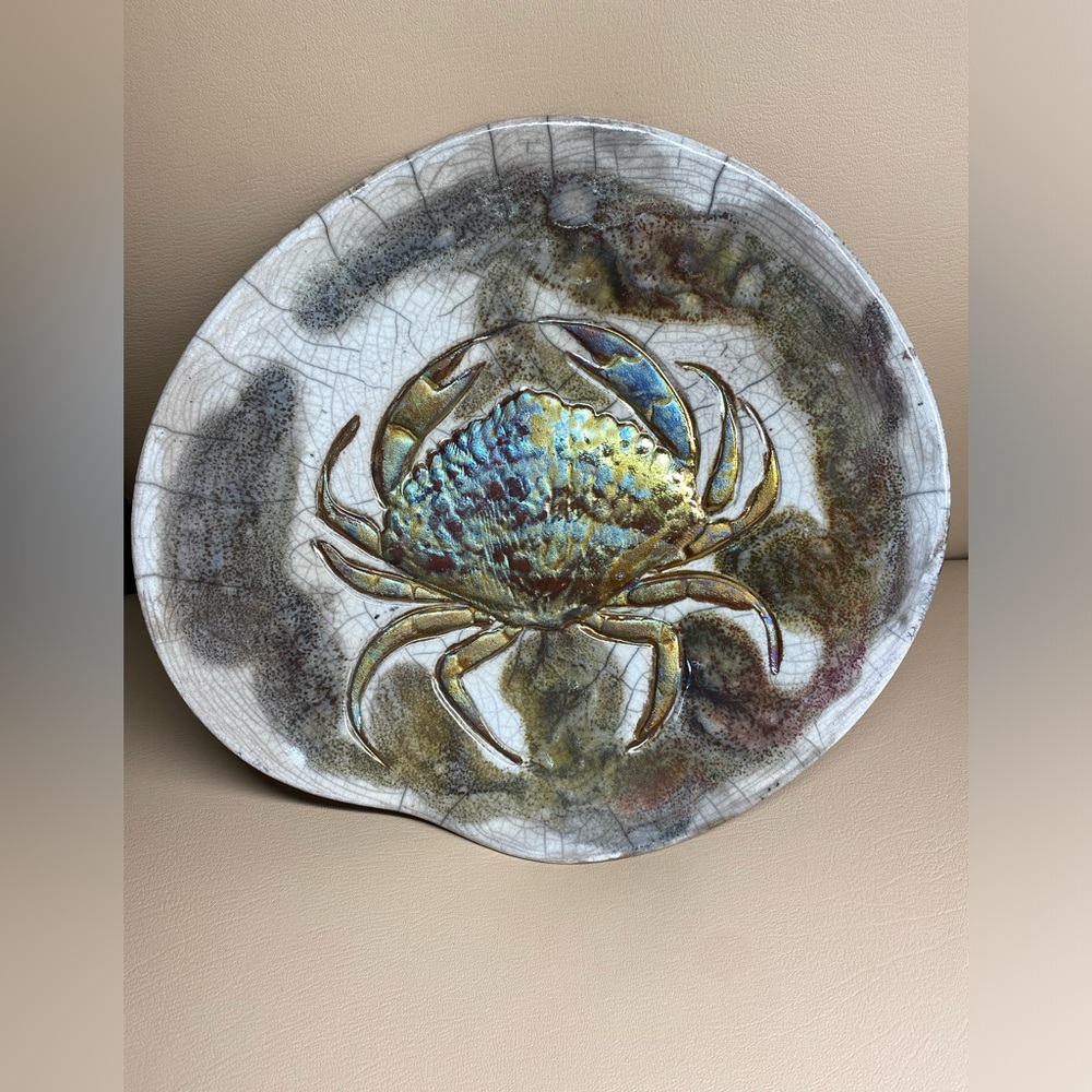 Crab Raku Art Pottery Glazed Decorative Plate Bowl 10 3/4”